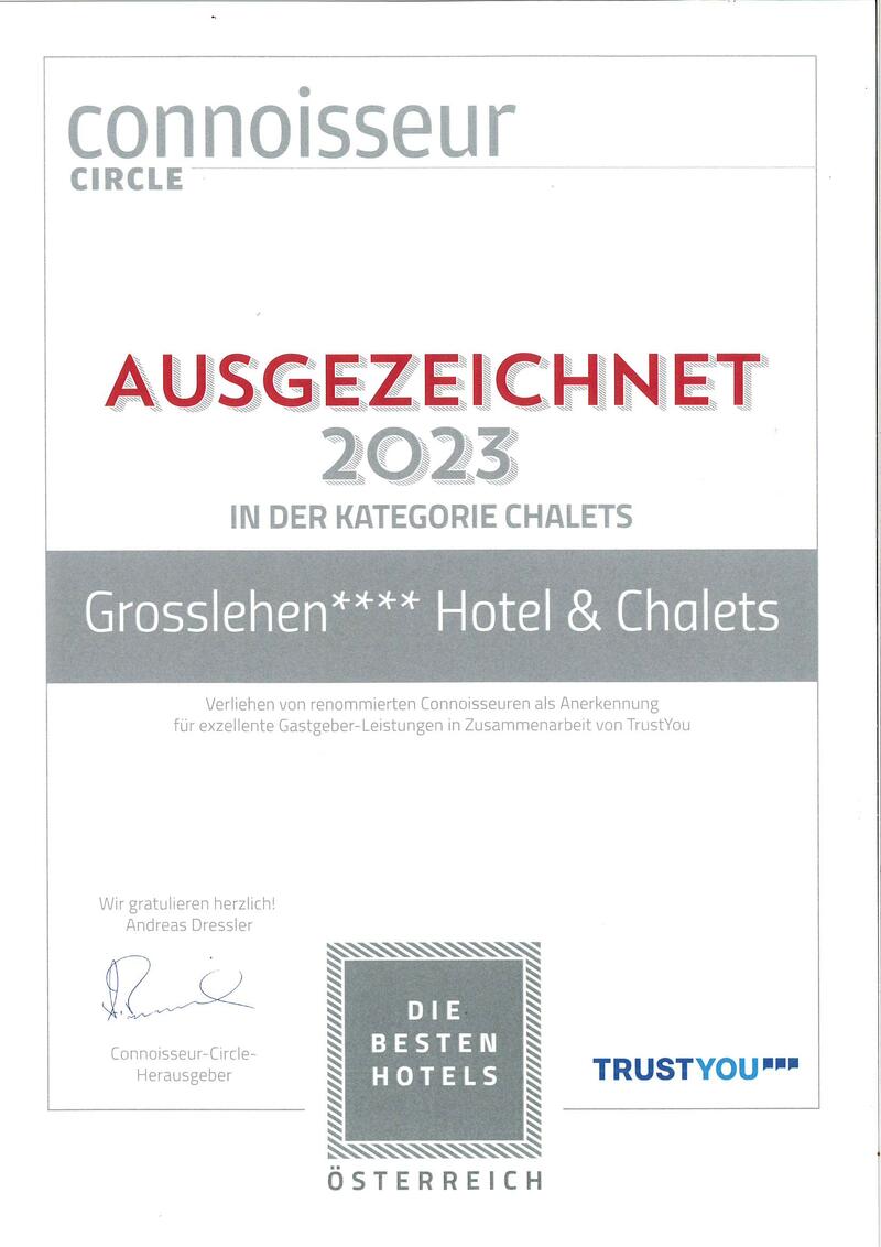 Urkunde Connoisseur Circle Hotel & Chalets Grosslehen unter den besten Chalets Österreichs 2023