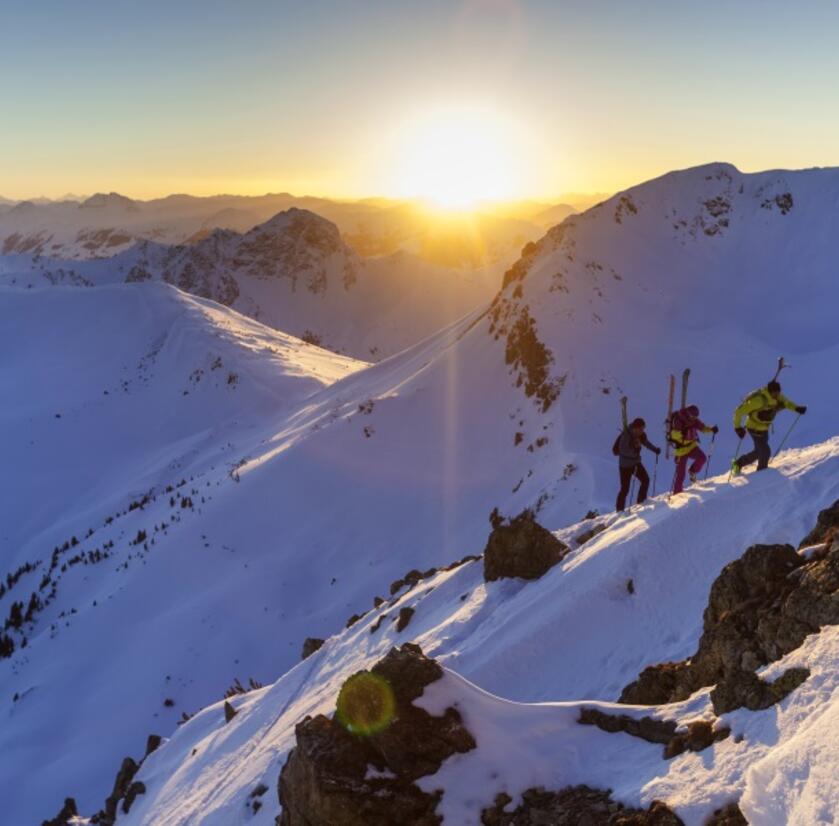 Drei Skitourengeher wandern auf einen schneebedeckten Gipfel